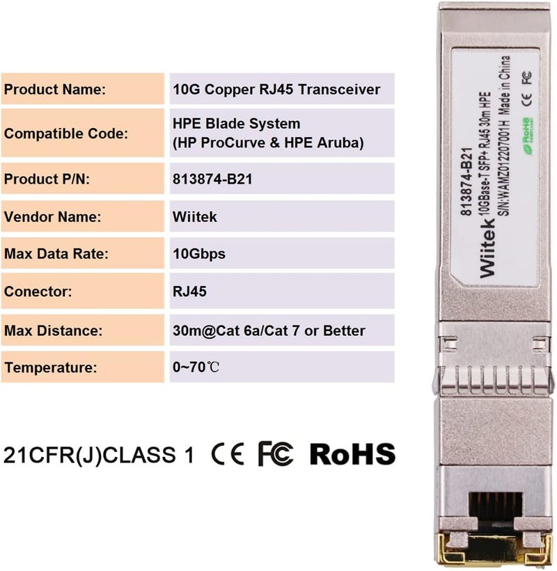 Wiitek 10G SFP+ to RJ45 Copper Modules, 1.25G/2.5G/5G/10GBase-T Ethernet to SFP+ Transceiver Compatible for HPE Blade System 813874-B21 HPE ProCurve & HPE Aruba(Cat 6a/7 or Better, 30-Meter) - Image 3